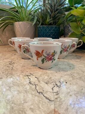 Vintage Mitterteich Bavaria W Germany Floral Footed Tea Cups Gold Trim Set 6